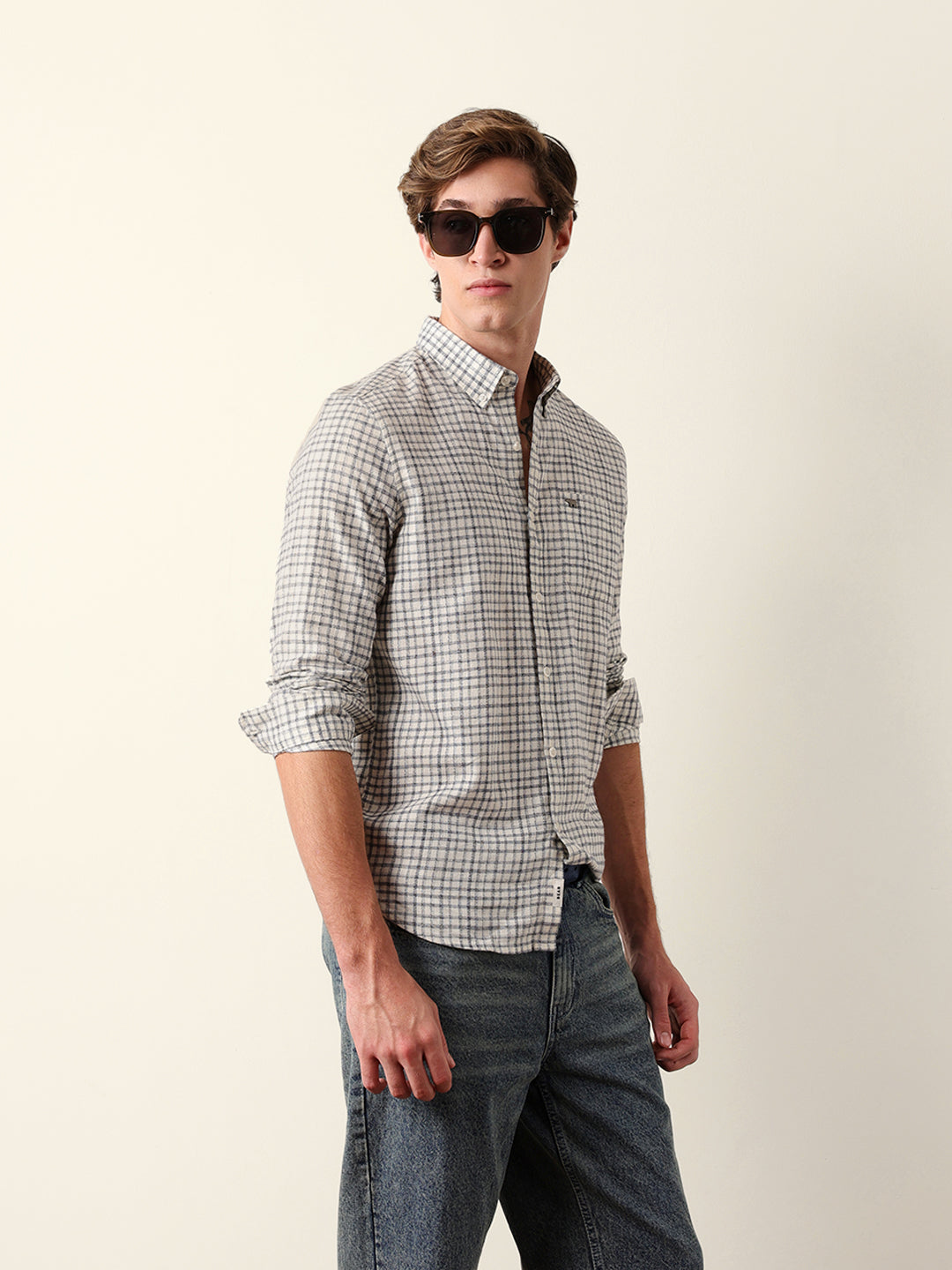White Woven Check Slim Fit Casual Shirt