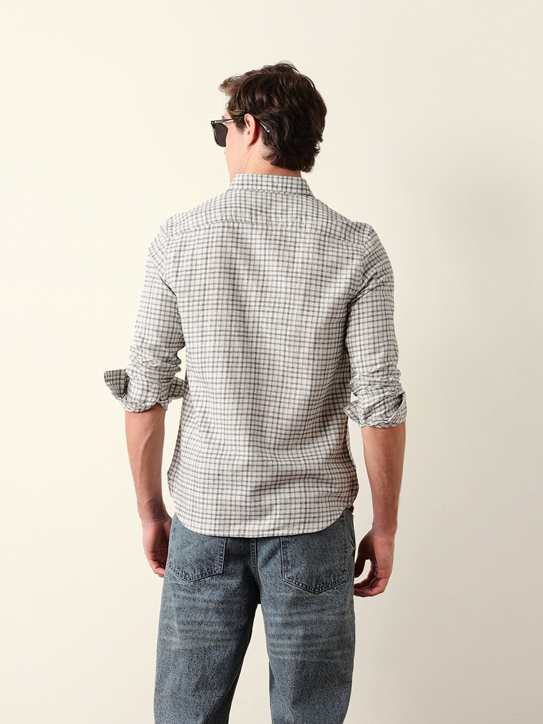 White Woven Check Slim Fit Casual Shirt