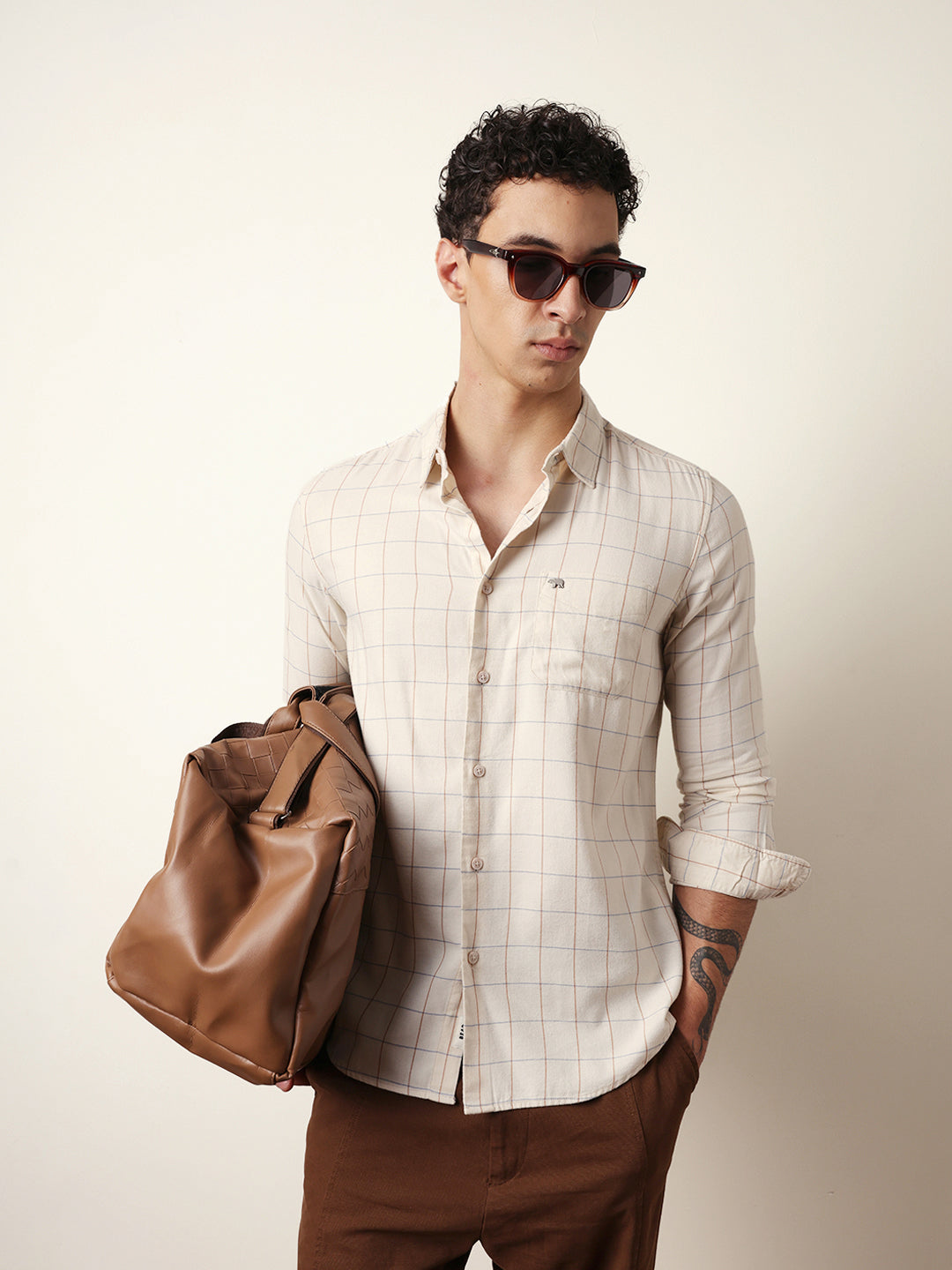 Cream Slim Fit Casual Shirt with Woven Block Checks