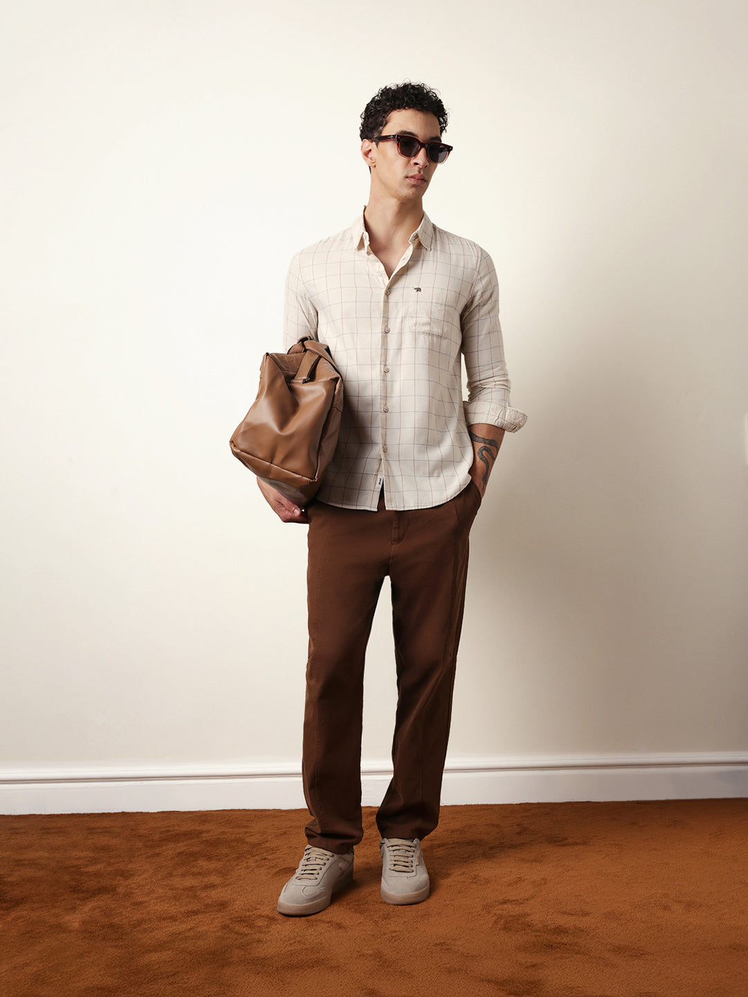 Cream Slim Fit Casual Shirt with Woven Block Checks
