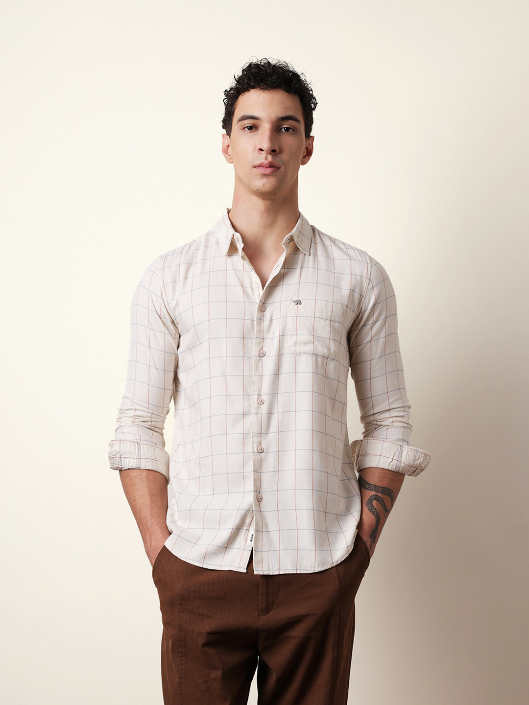Cream Slim Fit Casual Shirt with Woven Block Checks