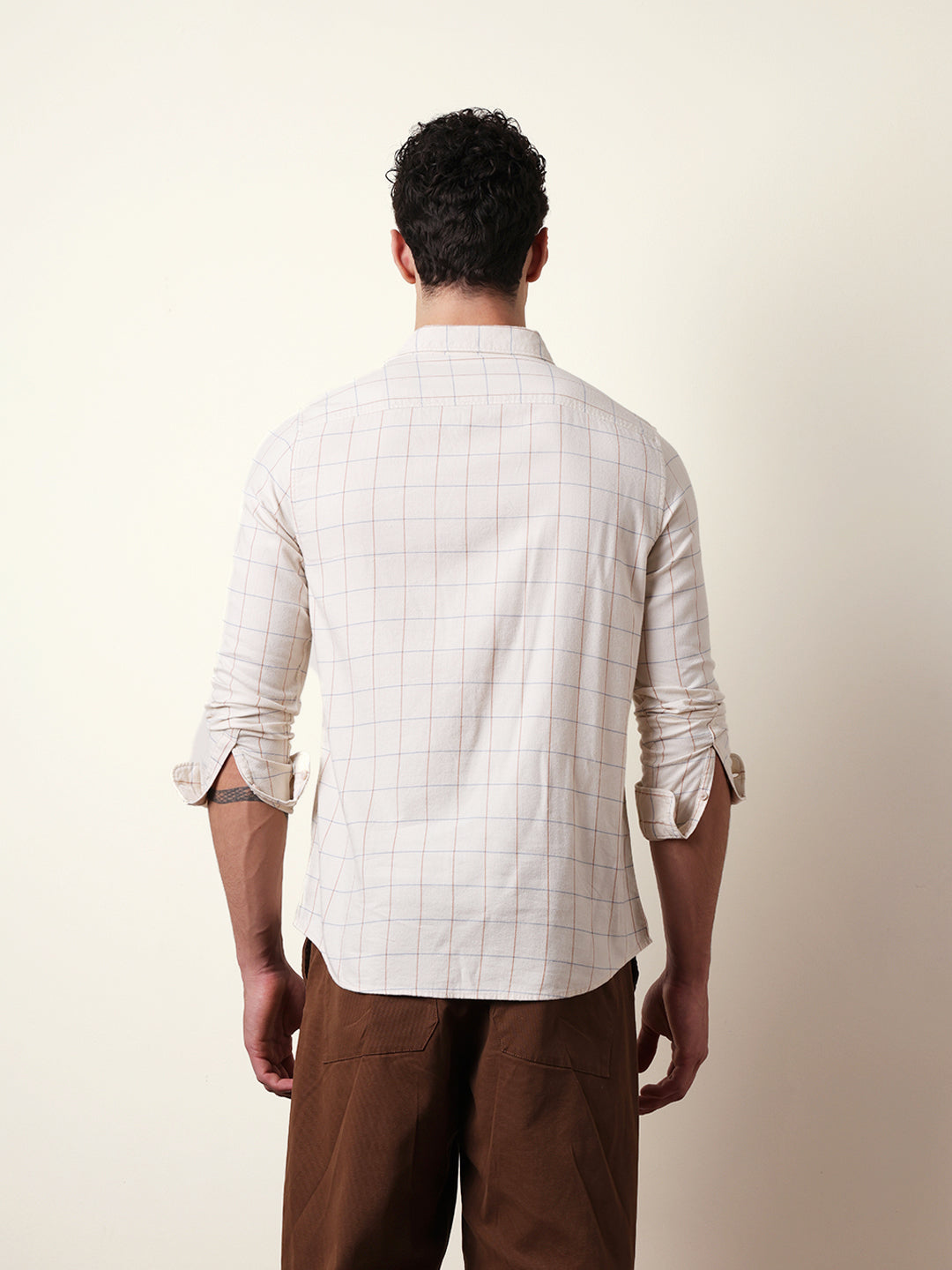 Cream Slim Fit Casual Shirt with Woven Block Checks