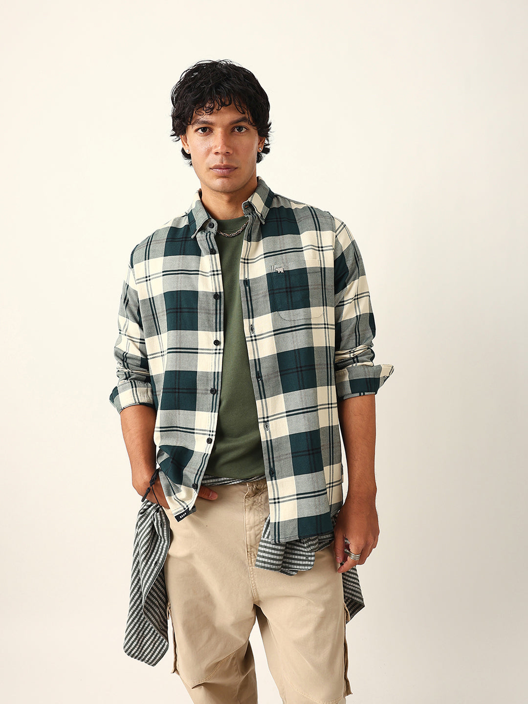 Green & Cream Woven Check Slim Fit Casual Shirt