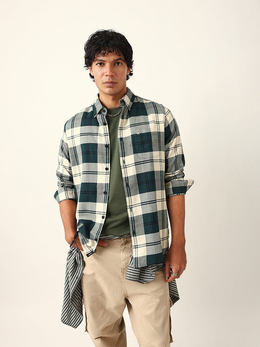Green & Cream Woven Check Slim Fit Casual Shirt