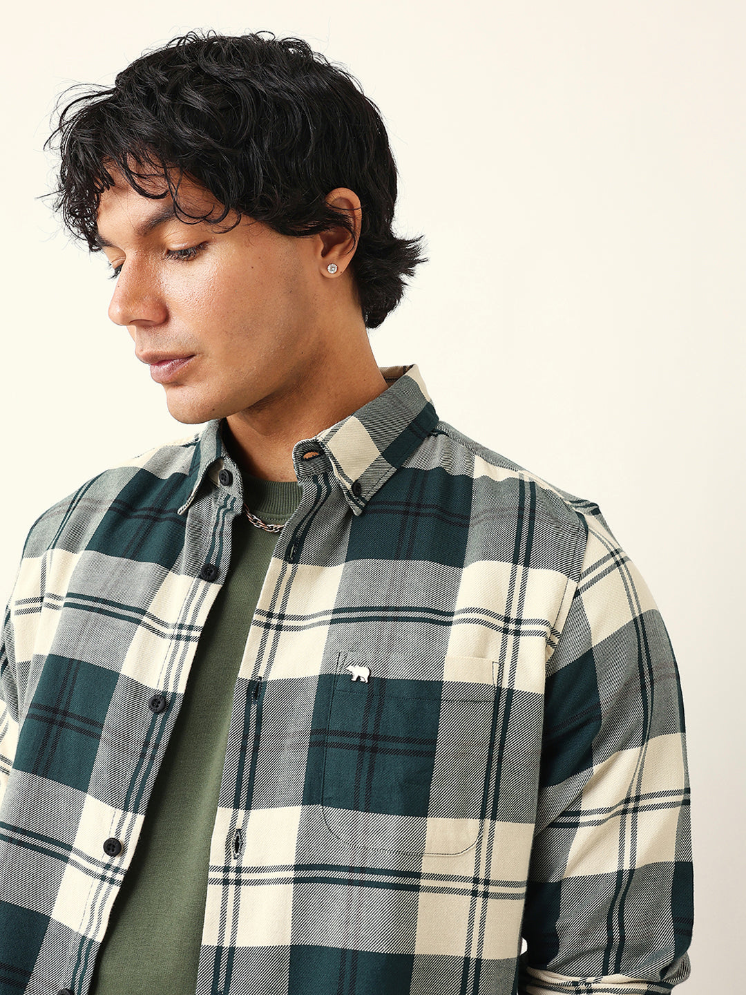 Green & Cream Woven Check Slim Fit Casual Shirt