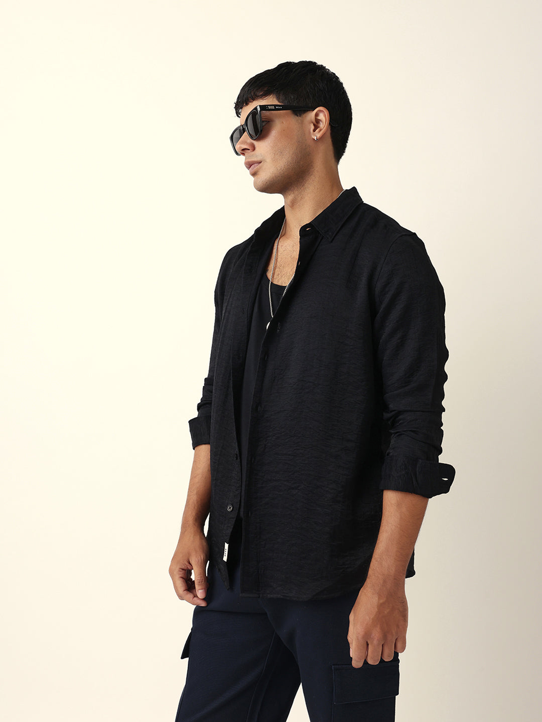 Black Crinkle Textured Slim Fit Casual Shirt