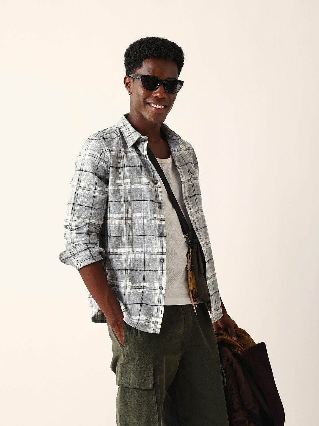 Grey Herringbone Flannel Checked Regular Fit Casual Shirt