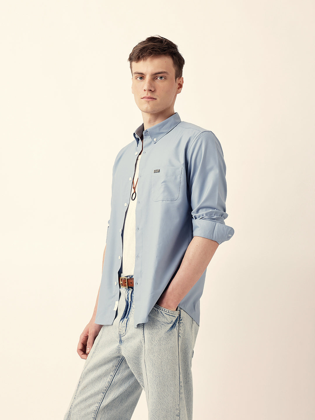 Light Blue Solid Slim Fit Casual Shirt with a Classic Semi-Formal Look