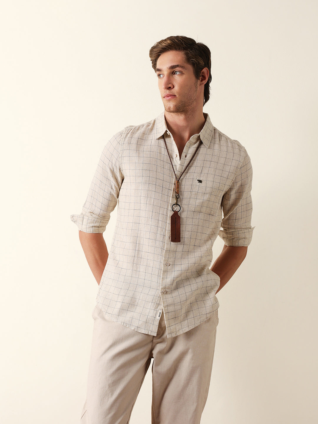 Cream Slim Fit Casual Shirt with Woven Block Check Pattern