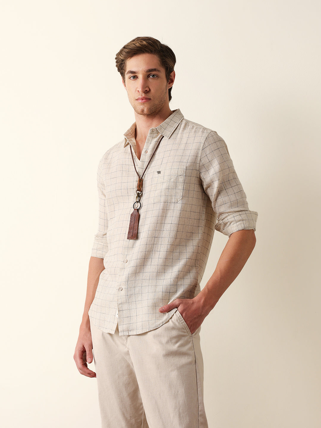 Cream Slim Fit Casual Shirt with Woven Block Check Pattern