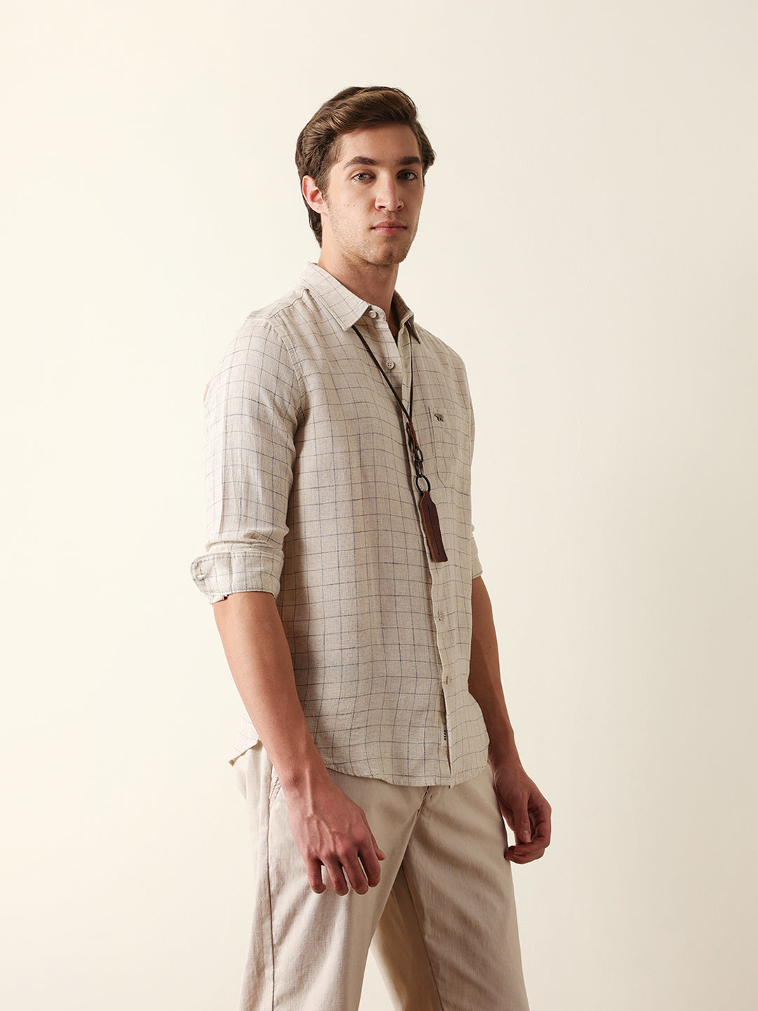 Cream Slim Fit Casual Shirt with Woven Block Check Pattern