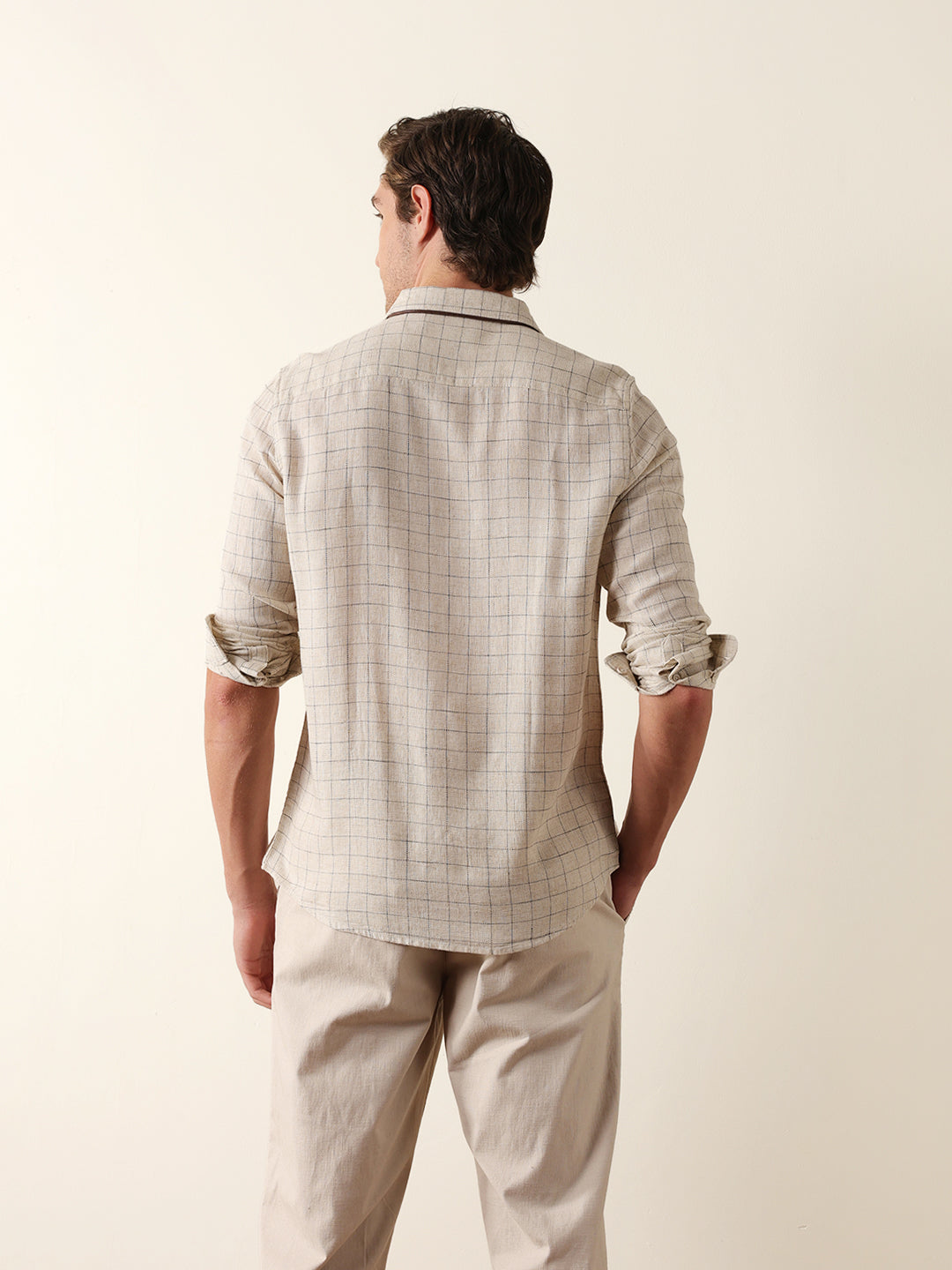Cream Slim Fit Casual Shirt with Woven Block Check Pattern