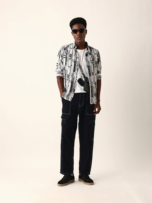 Black & Off-White Abstract Textured Printed Regular Fit Casual Shirt
