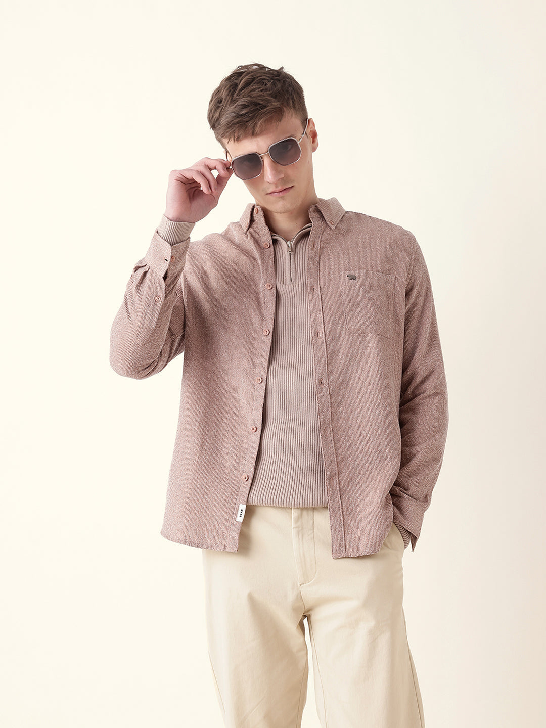 Dusty Pink Textured Woven Striped Slim Fit Casual Shirt