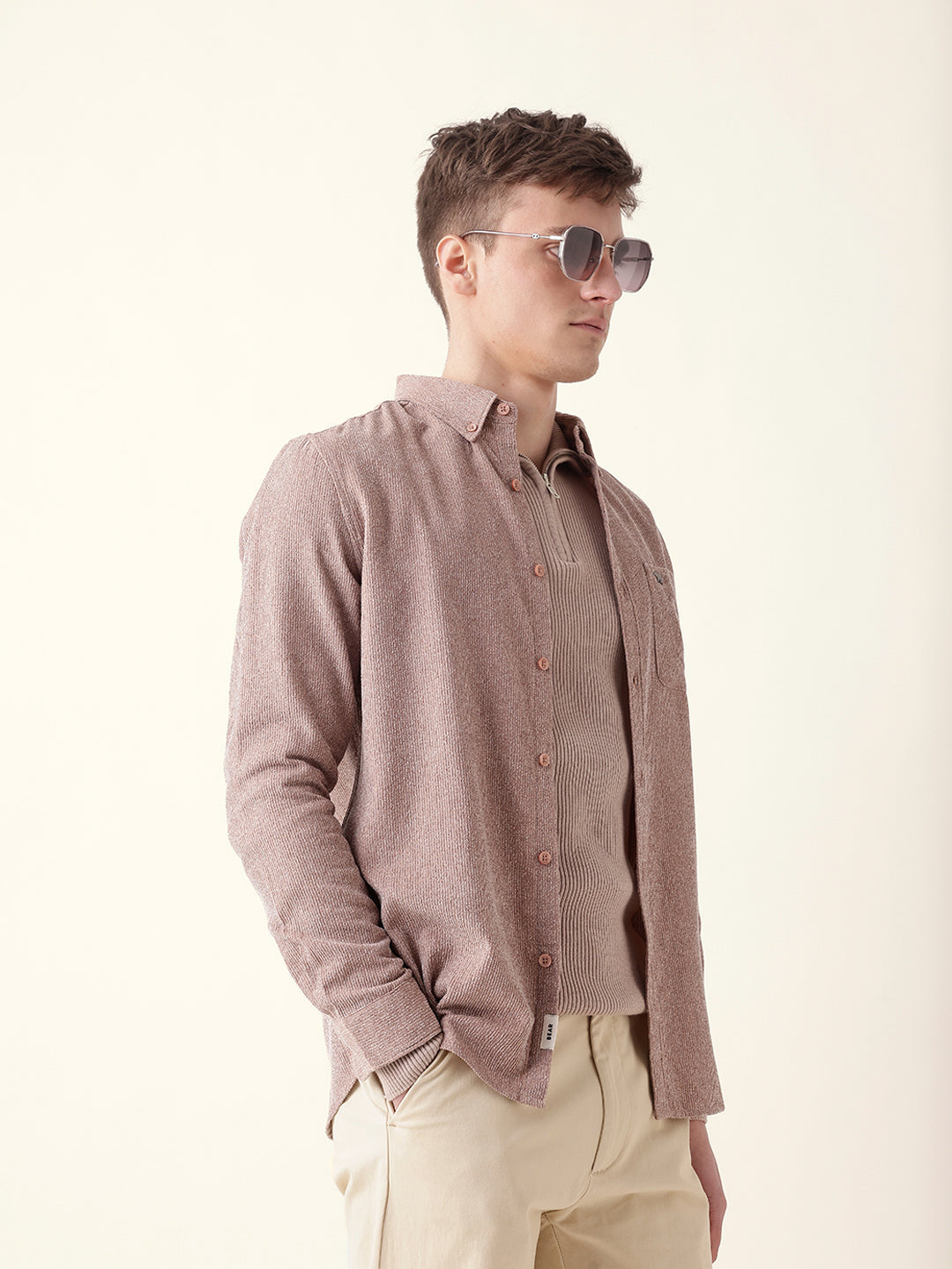 Dusty Pink Textured Woven Striped Slim Fit Casual Shirt