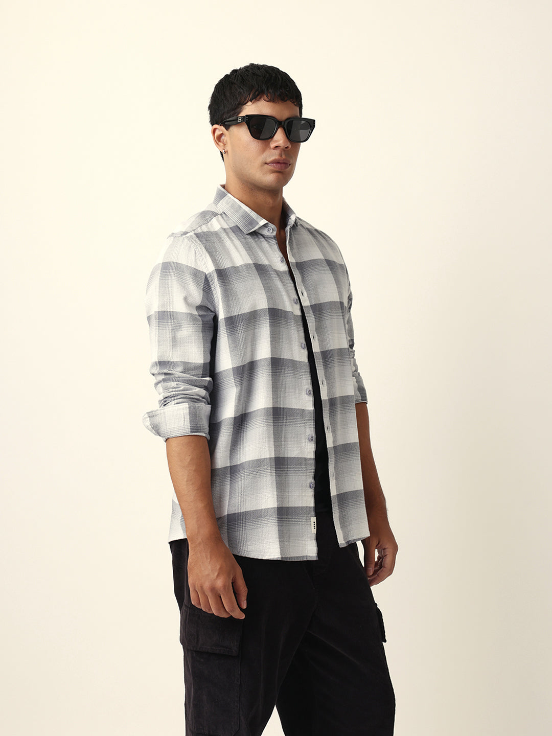 Grey with White Woven Checkered Slim Fit Casual Shirt