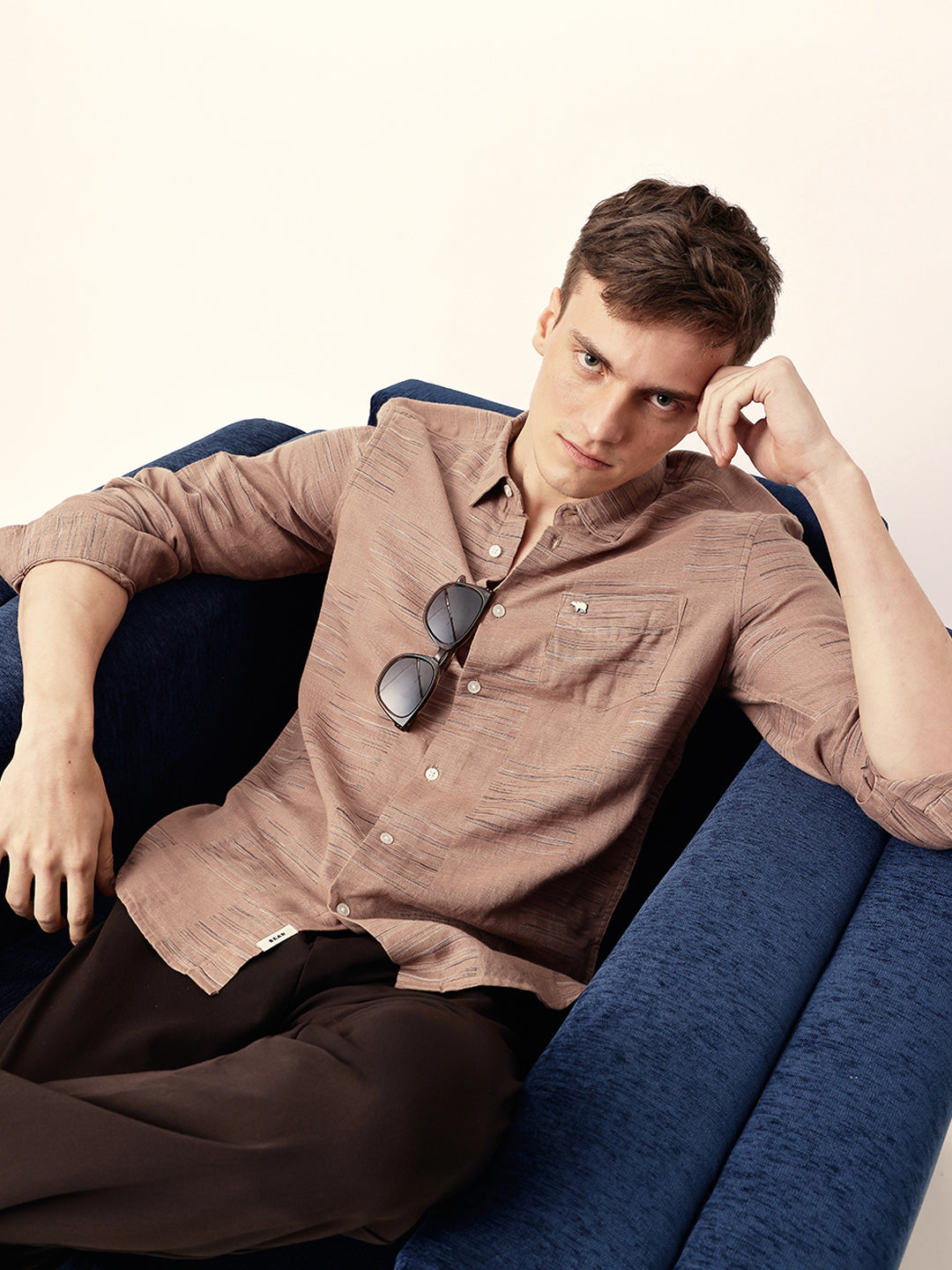 Brown Woven Patch Block Check Slim Fit Casual Shirt