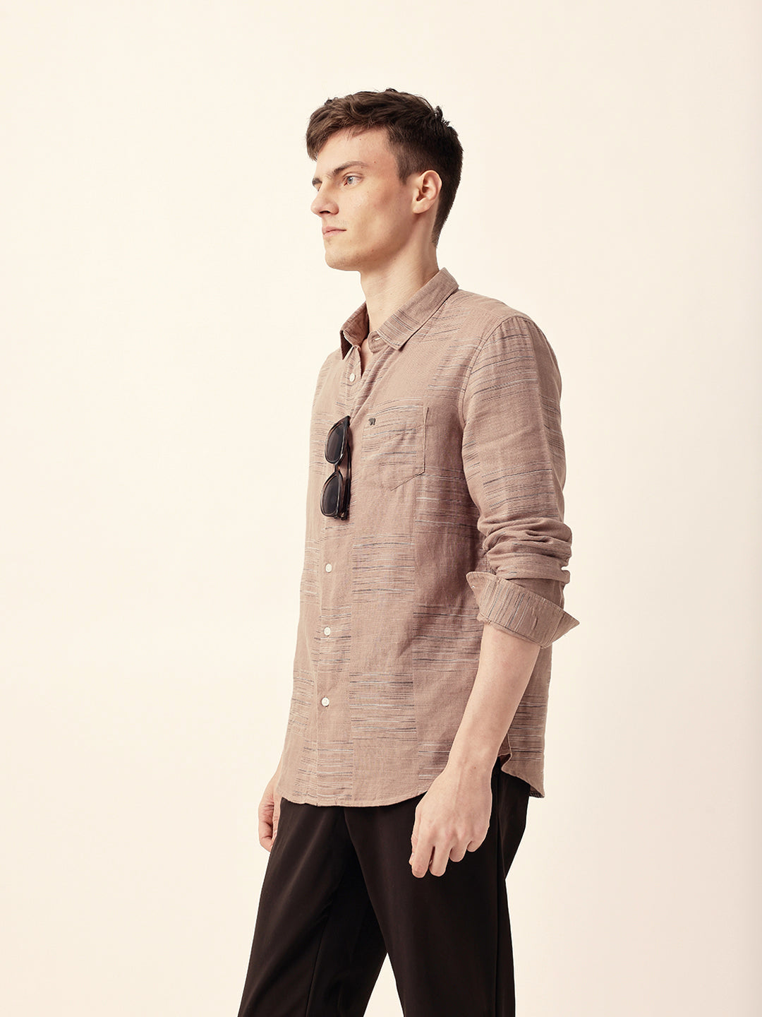 Brown Woven Patch Block Check Slim Fit Casual Shirt