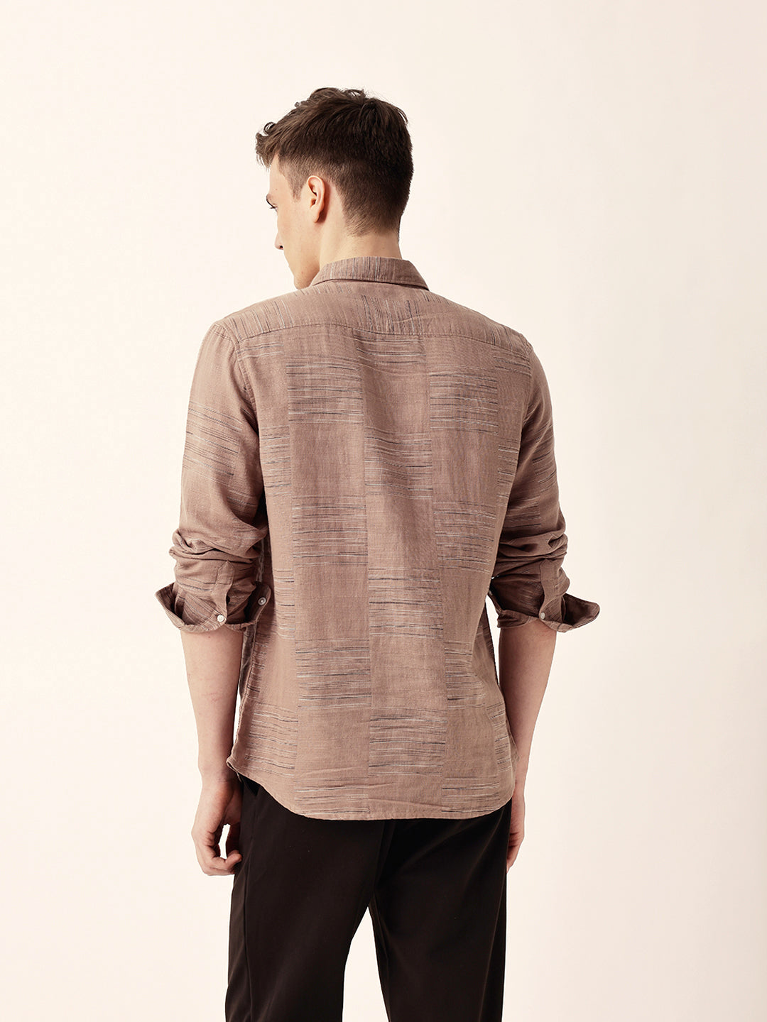 Brown Woven Patch Block Check Slim Fit Casual Shirt