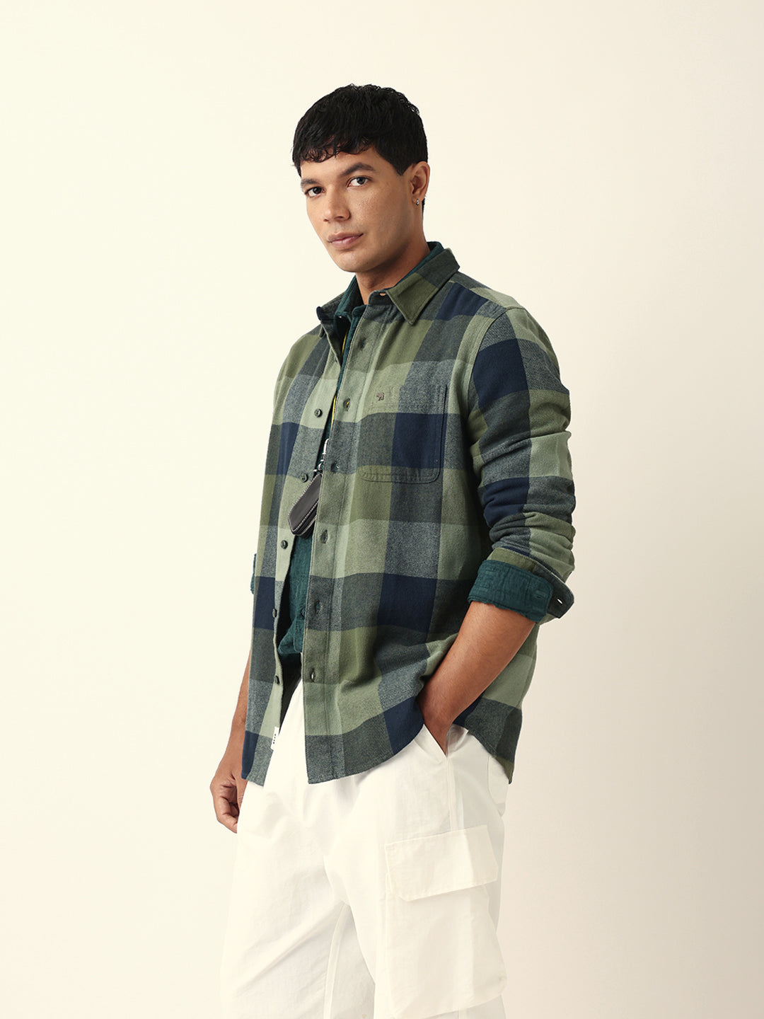 Green with Navy Blue Flannel Checked Regular Fit Overshirt