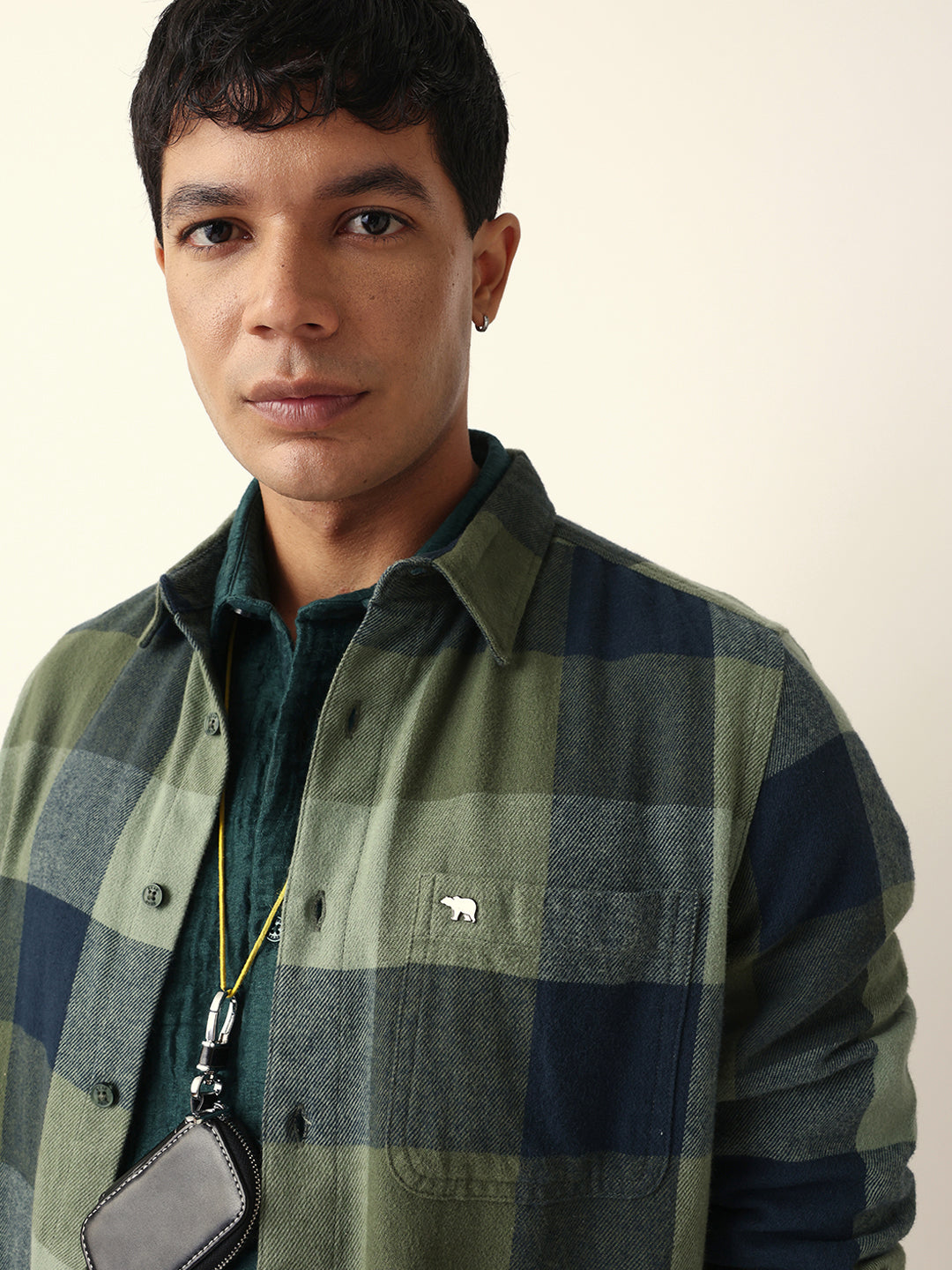 Green with Navy Blue Flannel Checked Regular Fit Overshirt