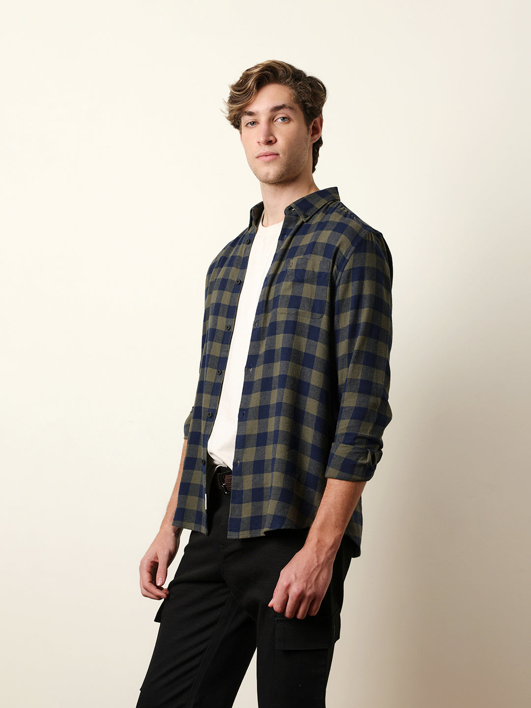 Olive & Navy Blue Buffalo Check Flannel Slim Fit Casual Shirt
