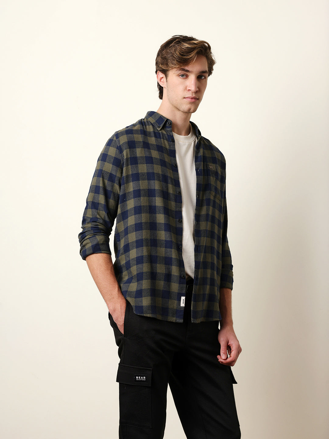 Olive & Navy Blue Buffalo Check Flannel Slim Fit Casual Shirt