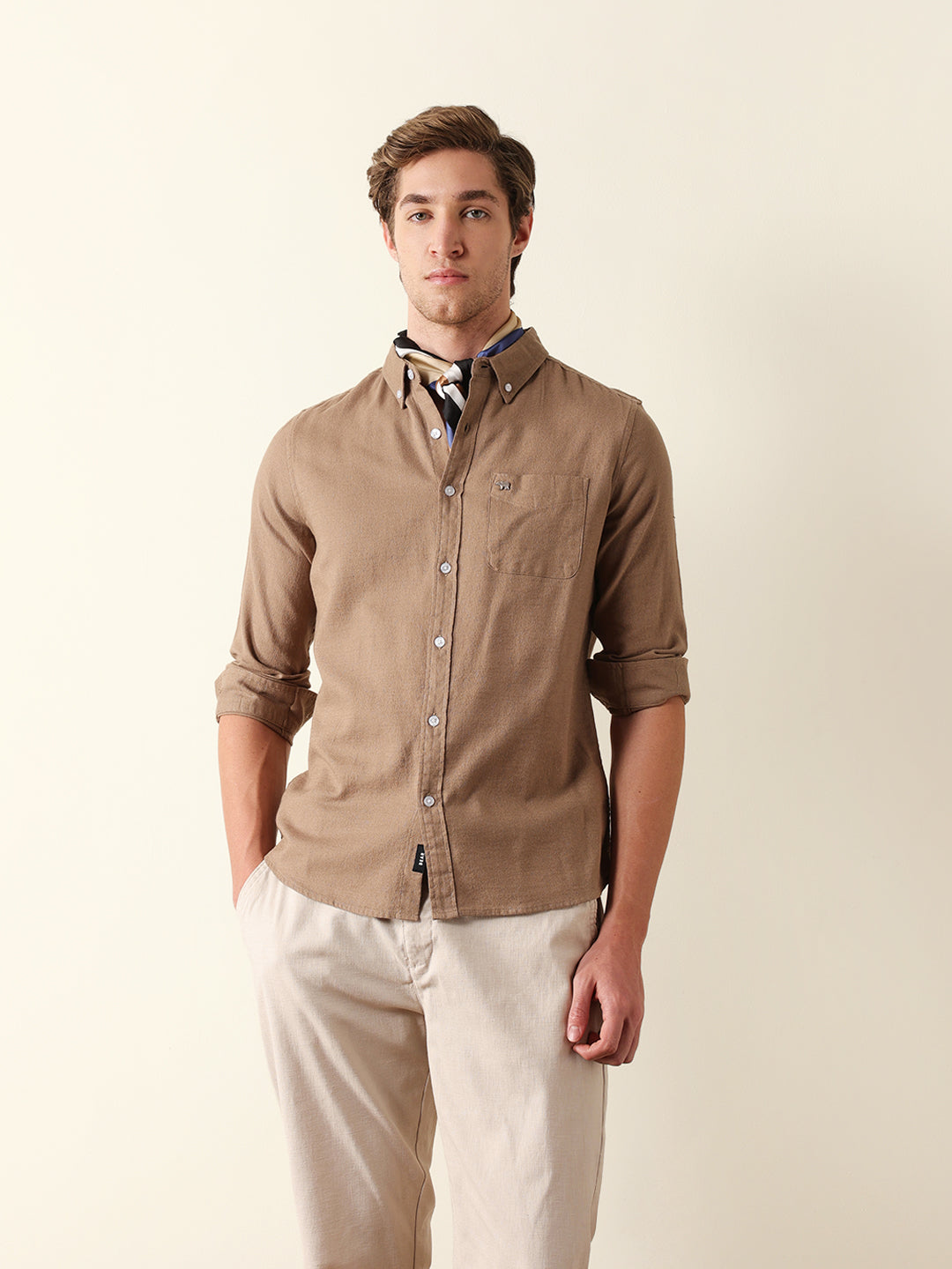 Beige Solid Slim Fit Cotton Casual Shirt