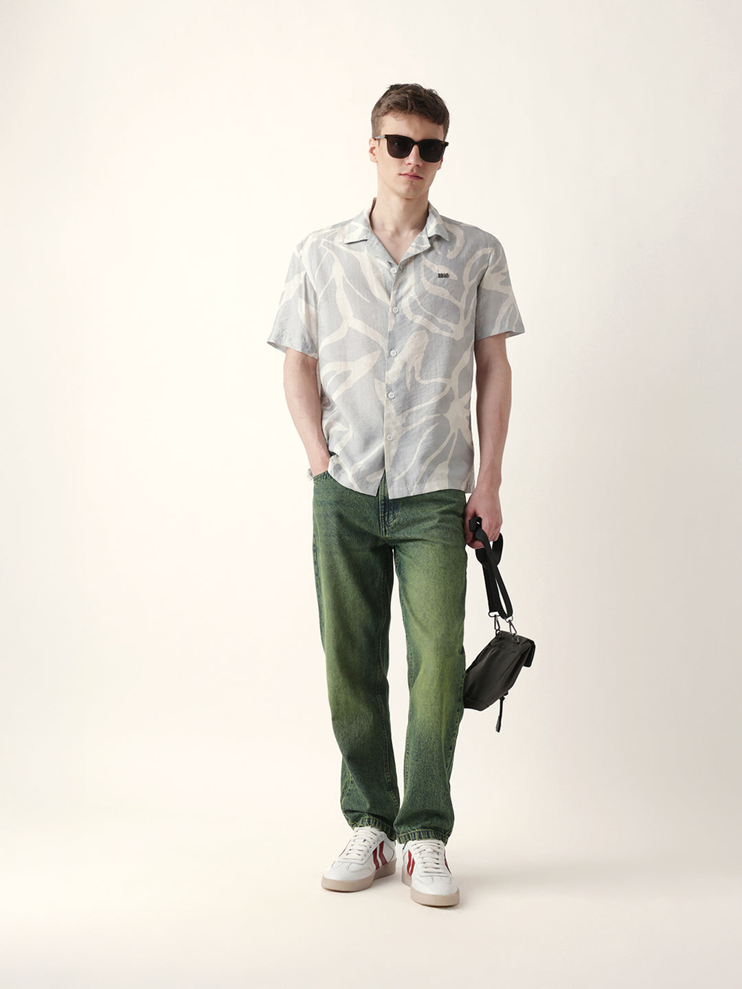 Teal with Cream Relaxed Fit Abstract Stroke Print Half Sleeve Casual Shirt