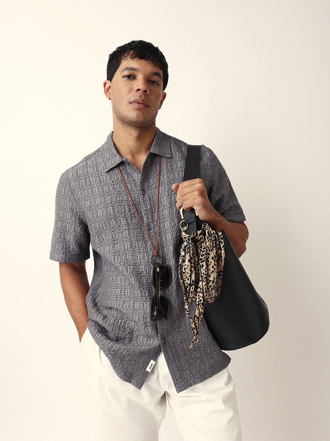 Grey Textured Geometric Relaxed Fit Casual Half Sleeve Shirt