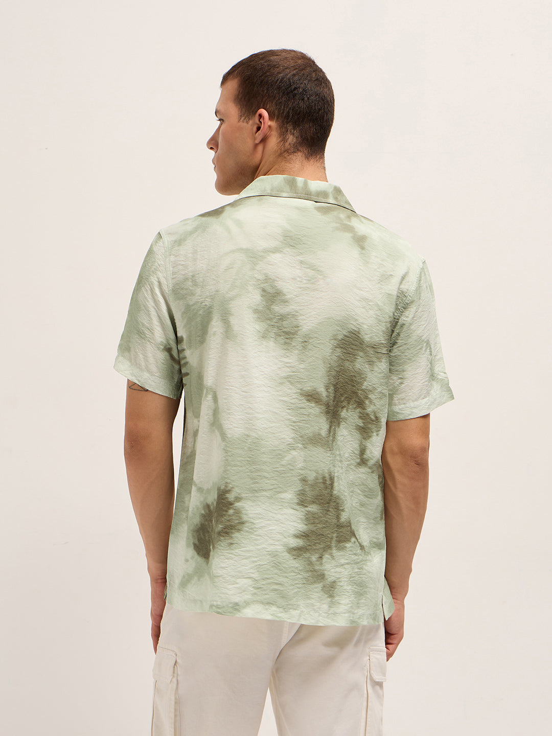 Light Green Faded Abstract Print Relaxed Fit Cuban Collar Shirt