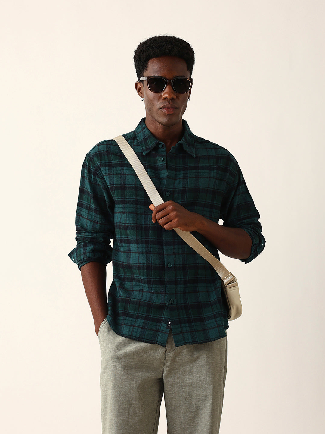 Green Woven Checked Relaxed Fit Overshirt
