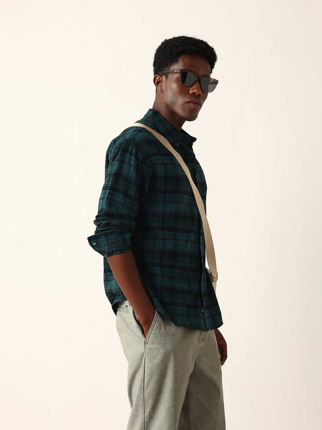 Green Woven Checked Relaxed Fit Overshirt