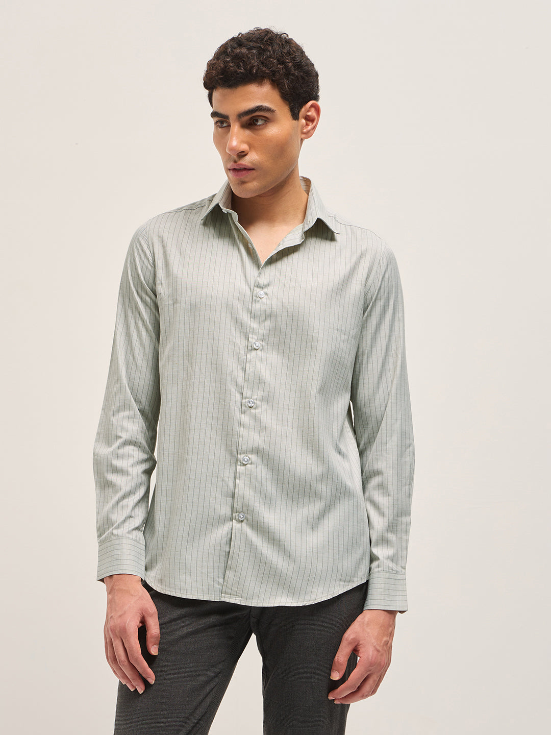 Light Green Vertical Striped Tailored Fit Formal Shirt