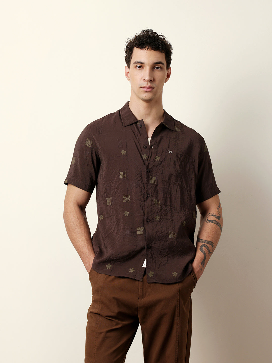 Brown Embroidered Motif Regular Fit Casual Shirt