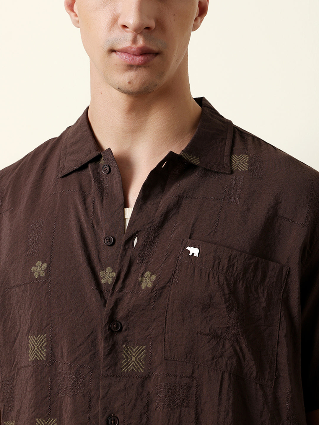 Brown Embroidered Motif Regular Fit Casual Shirt