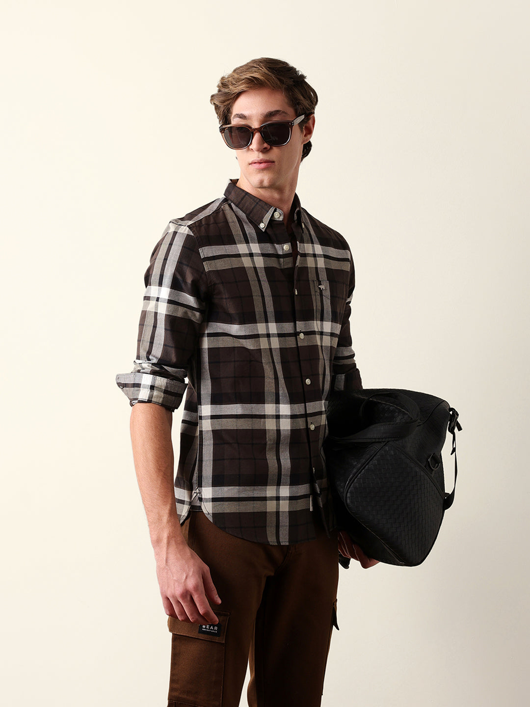 Brown Woven Checkered Slim Fit Casual Shirt