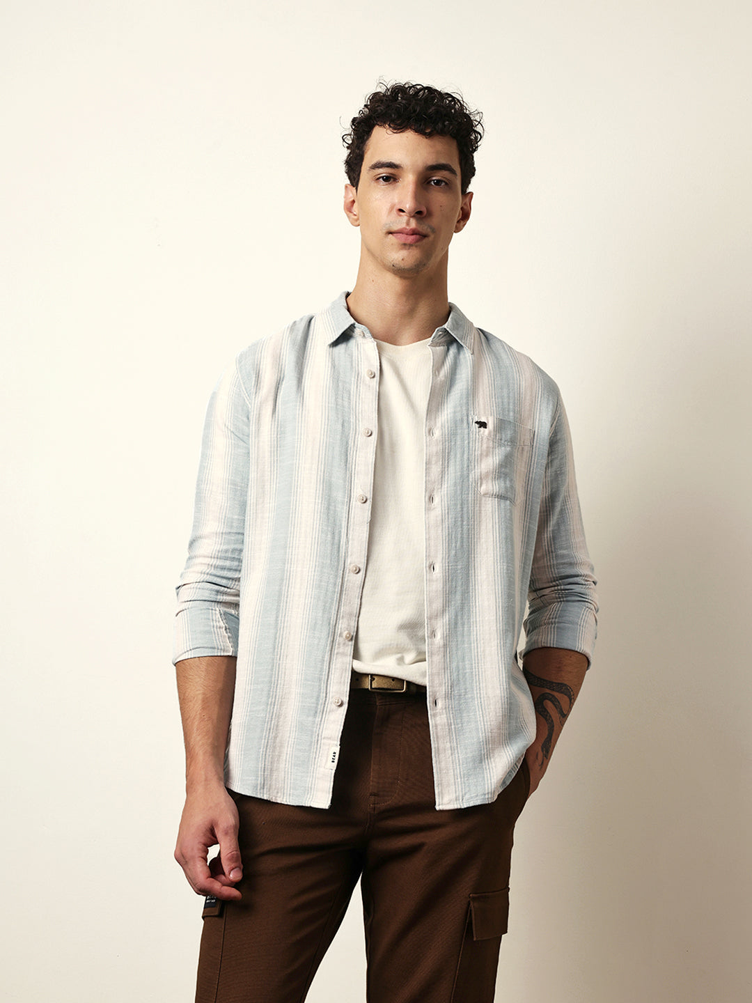 Teal Green with White Herringbone Striped Slim Fit Casual Shirt