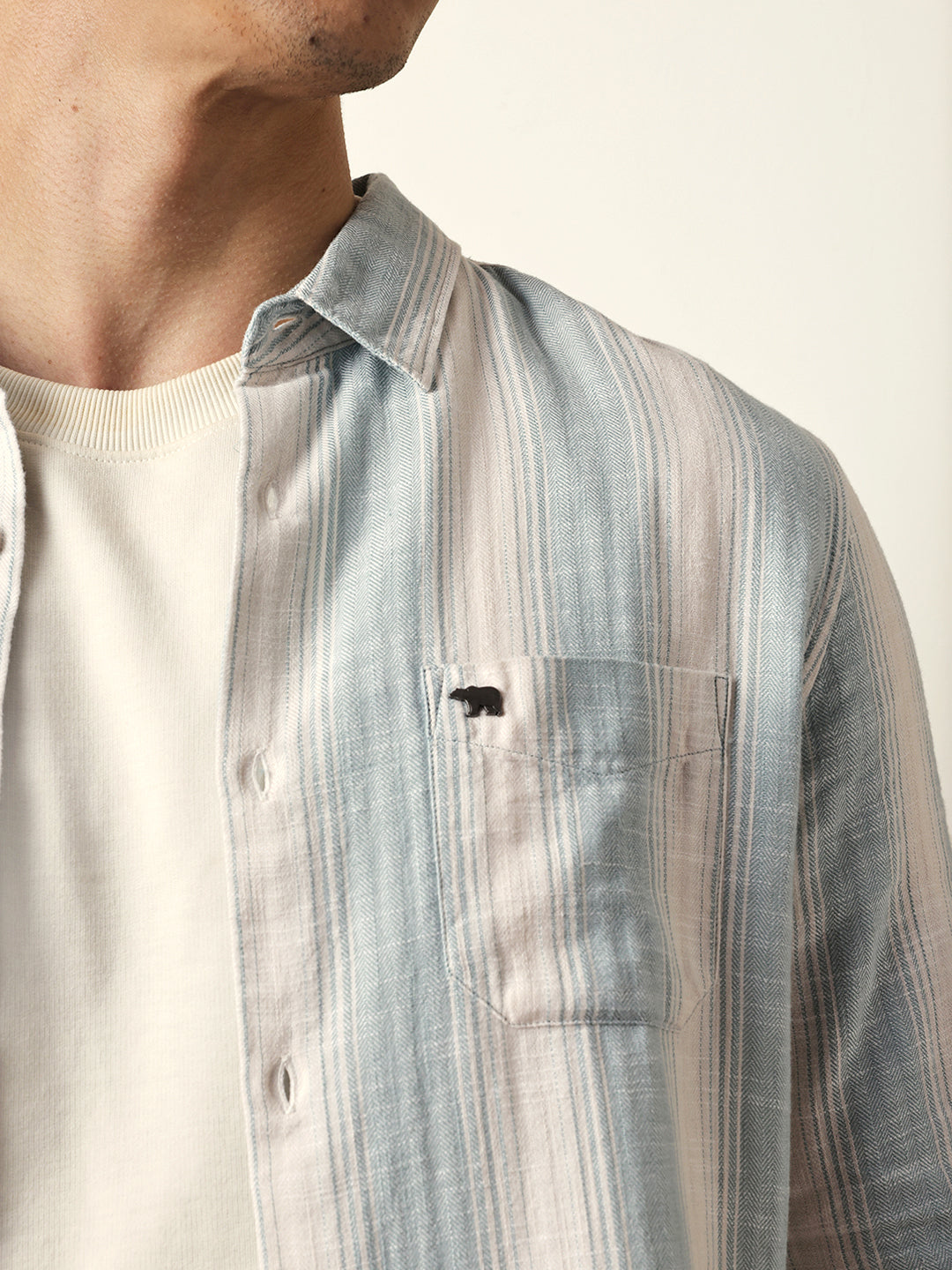 Teal Green with White Herringbone Striped Slim Fit Casual Shirt