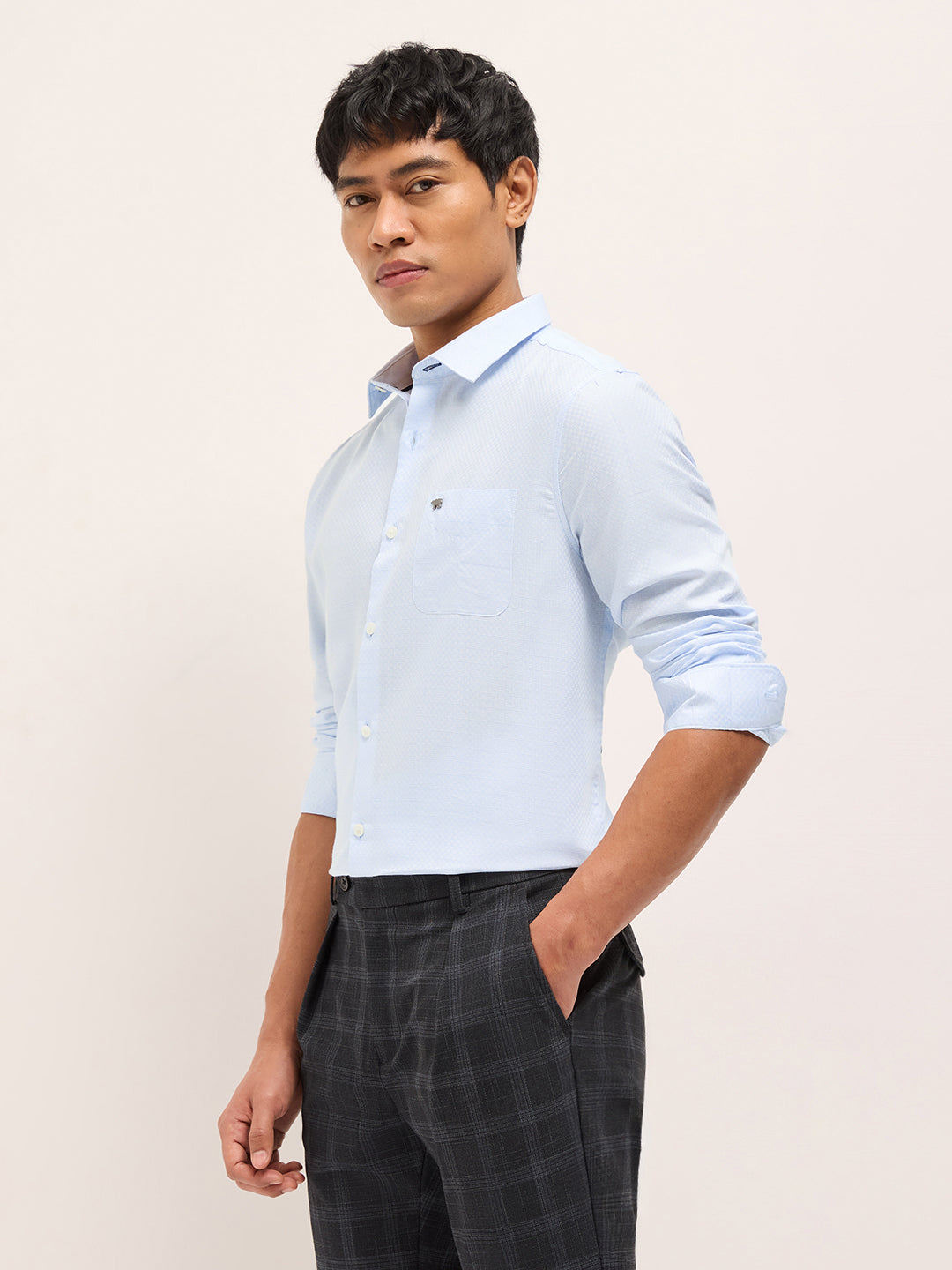 Light Blue Woven Checked Tailored Fit Formal Shirt