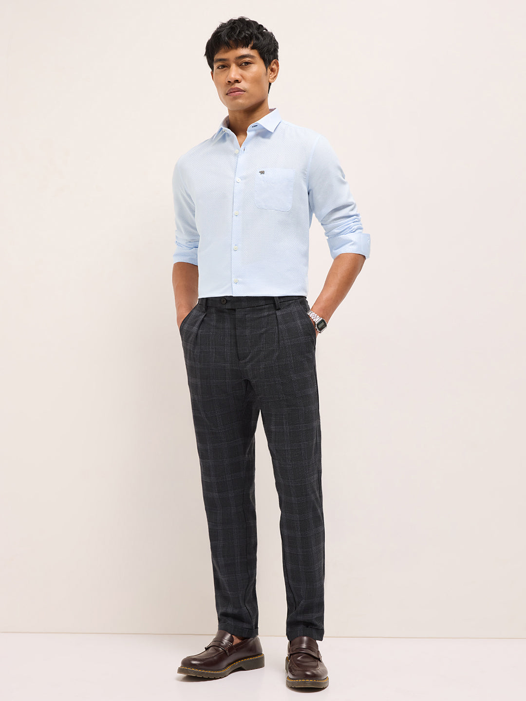 Light Blue Woven Checked Tailored Fit Formal Shirt