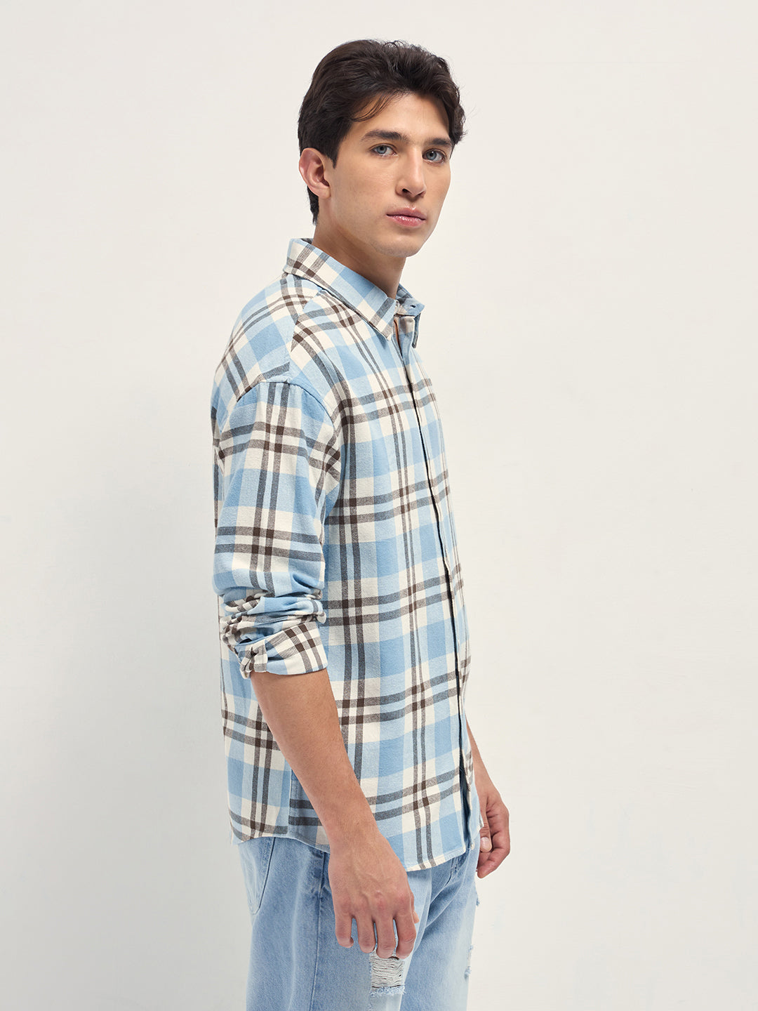 Blue Tartan Check Cotton Relaxed Fit Overshirt
