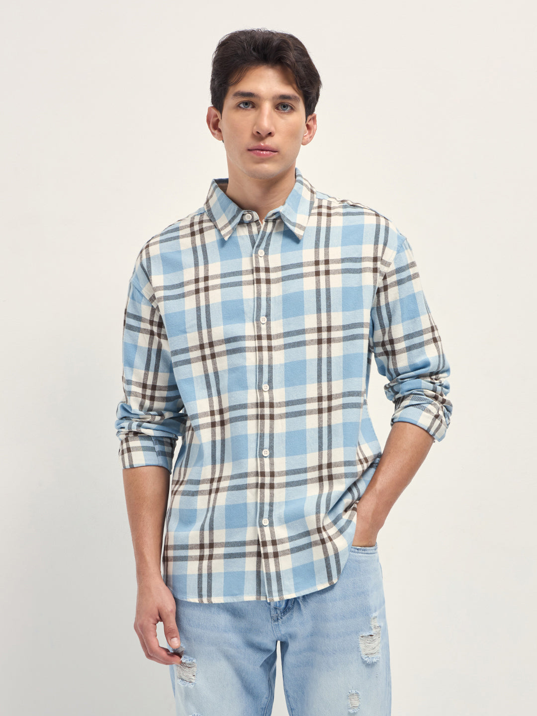 Blue Tartan Check Cotton Relaxed Fit Overshirt