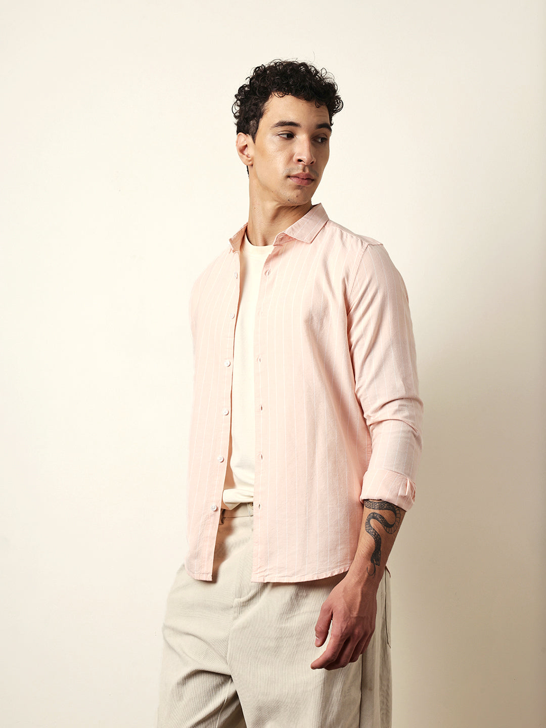 Peach Vertical Woven Stripe Slim Fit Casual Shirt