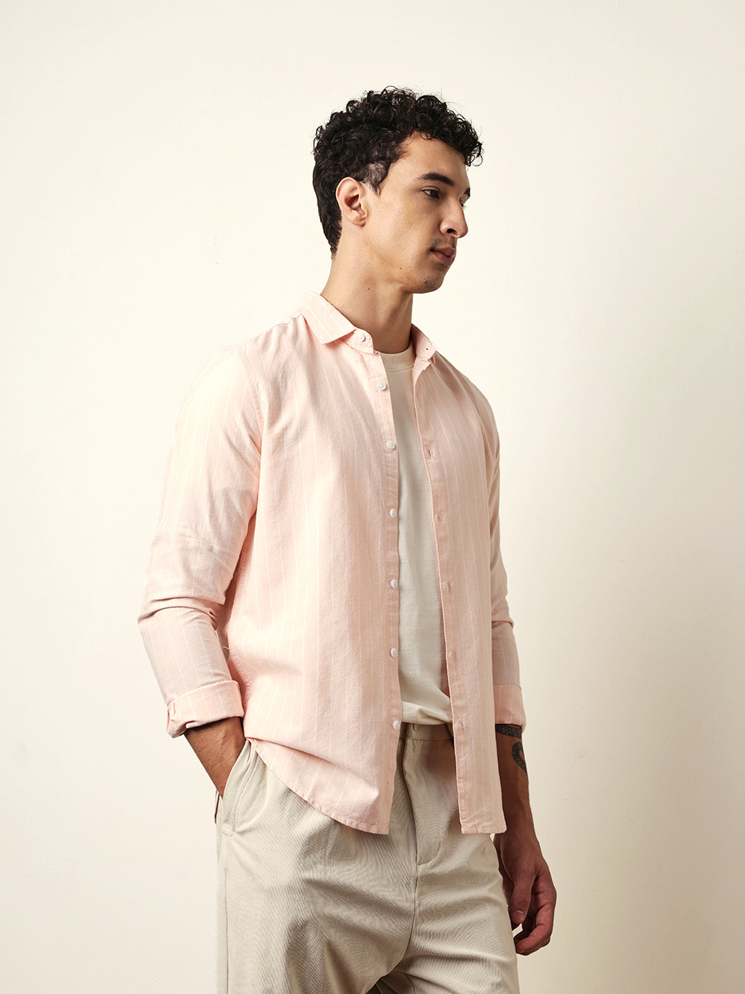 Peach Vertical Woven Stripe Slim Fit Casual Shirt