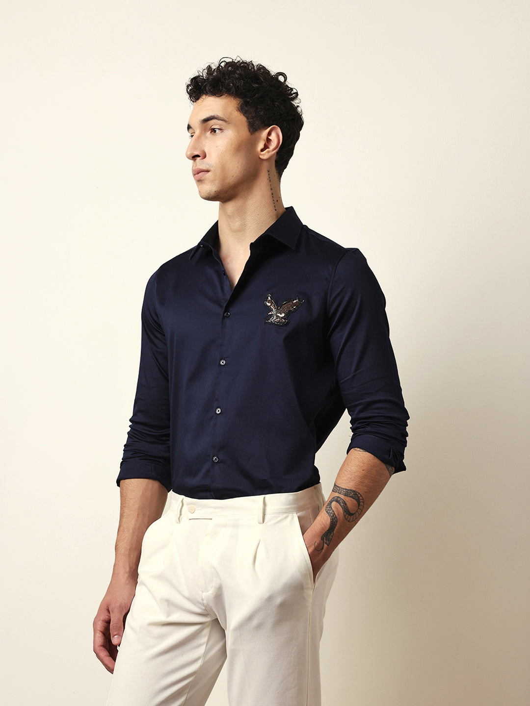 Navy Tailored Fit Bold Eagle Embroidery Formal Party Shirt