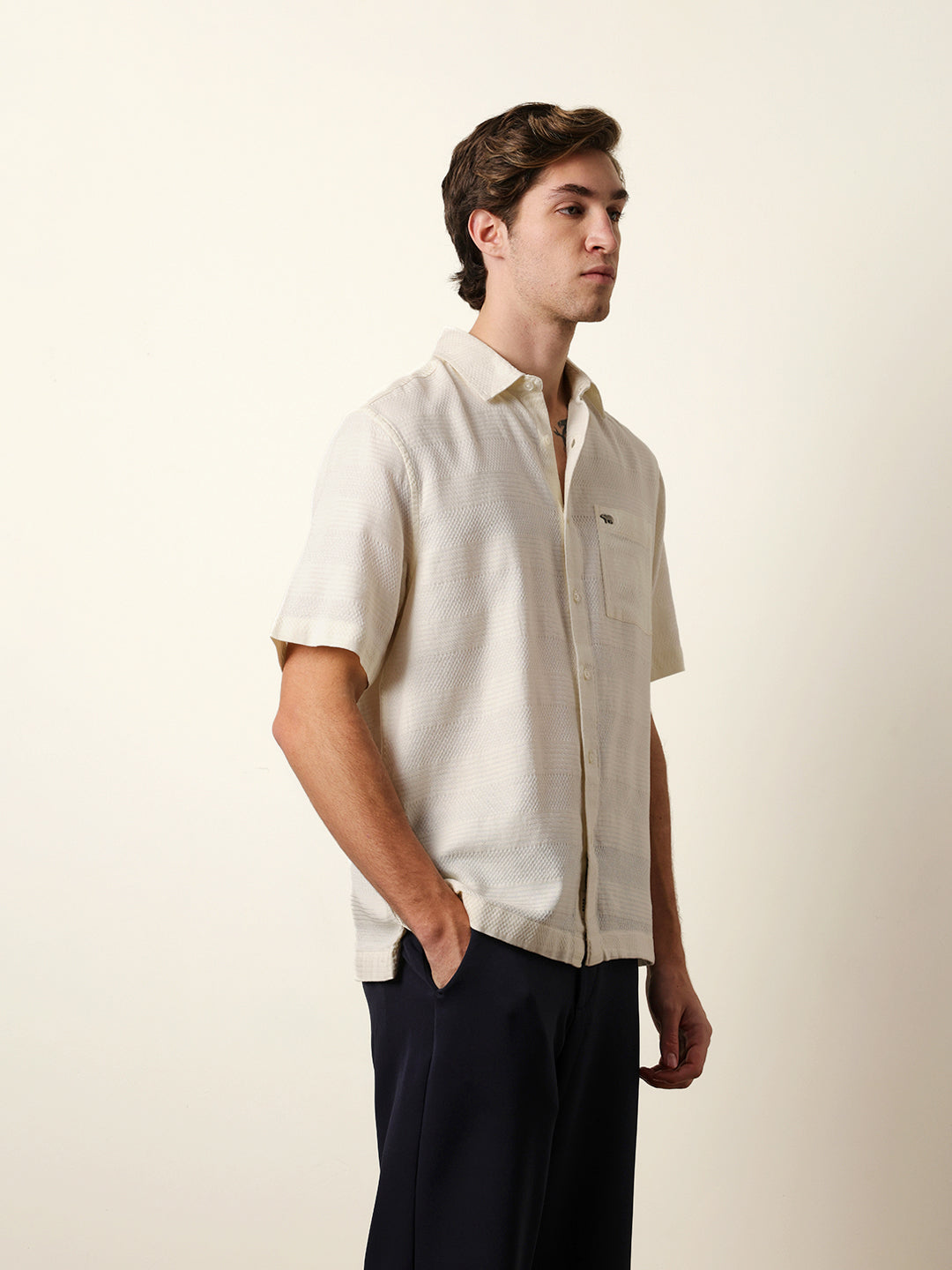 Off-White Relaxed Fit Casual Half Sleeve Shirt with Textured Horizontal Stripes