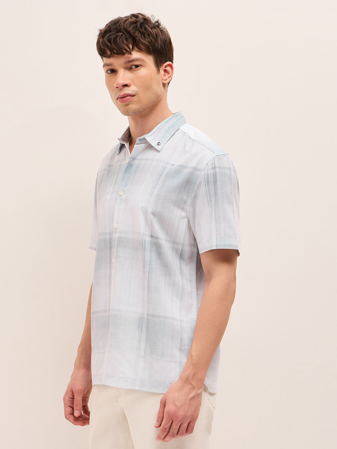 Blue & White Geometric Check Print Relaxed Fit Casual Shirt