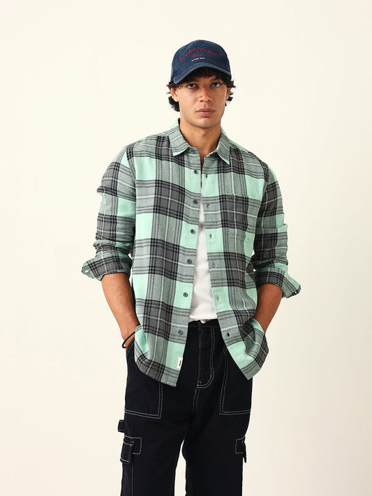 Sage Green & Black Flannel Checked Slim Fit Woven Casual Shirt