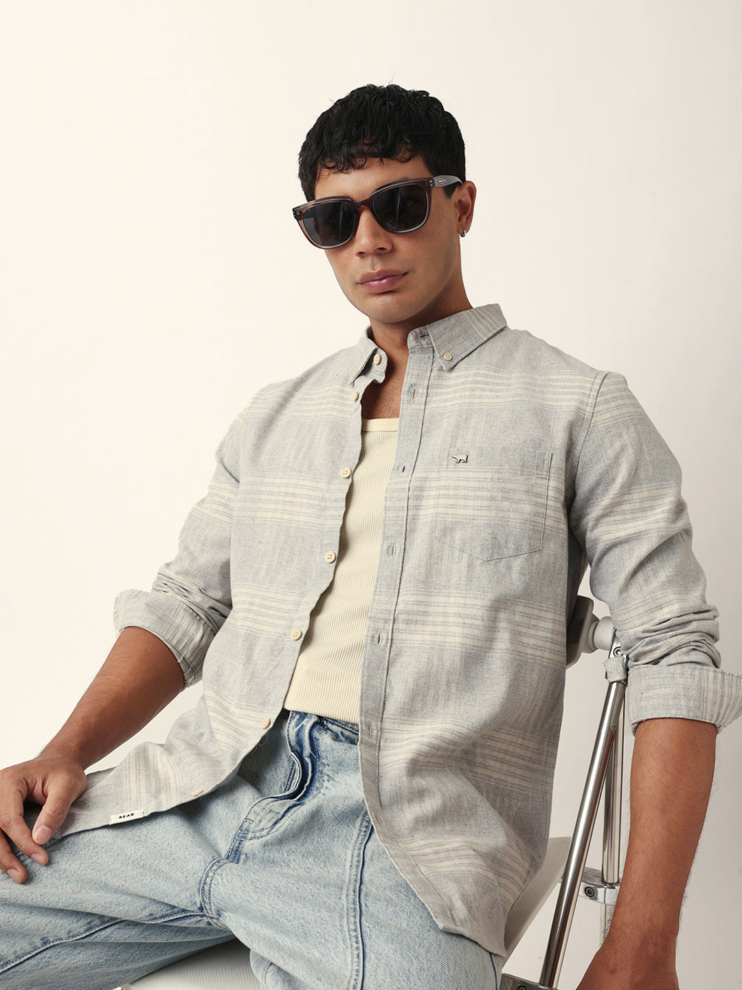 Grey Checked Woven Slim Fit Casual Shirt